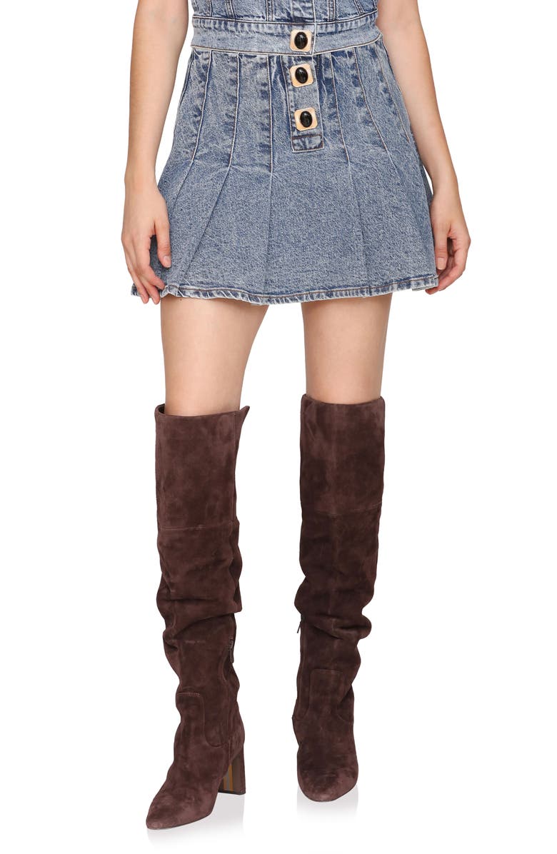 Avec Les Filles Pleated Denim Miniskirt, Main, color, Essex Blue Wash