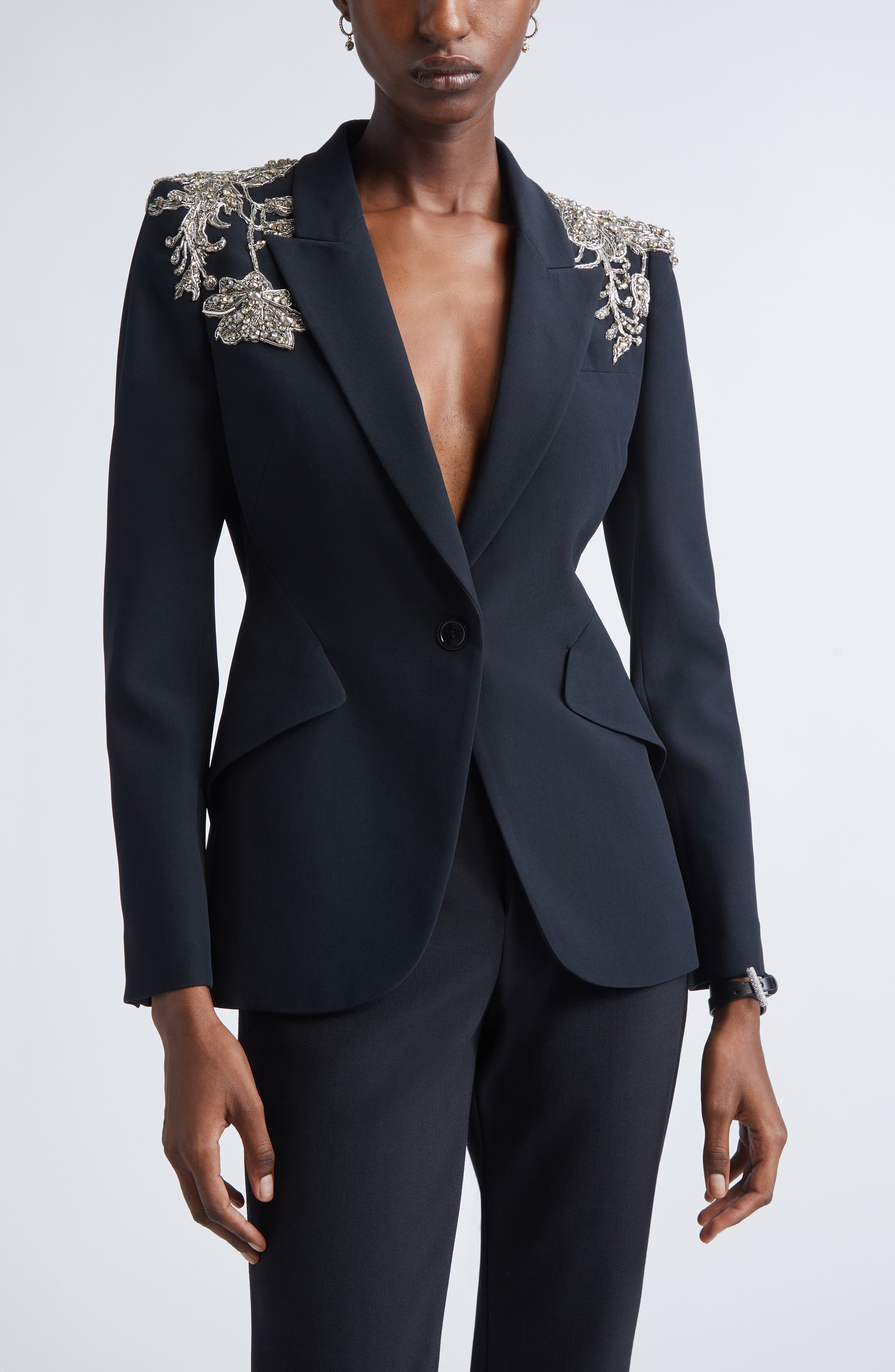 Silver Tattoo Peak Shoulder Blazer
