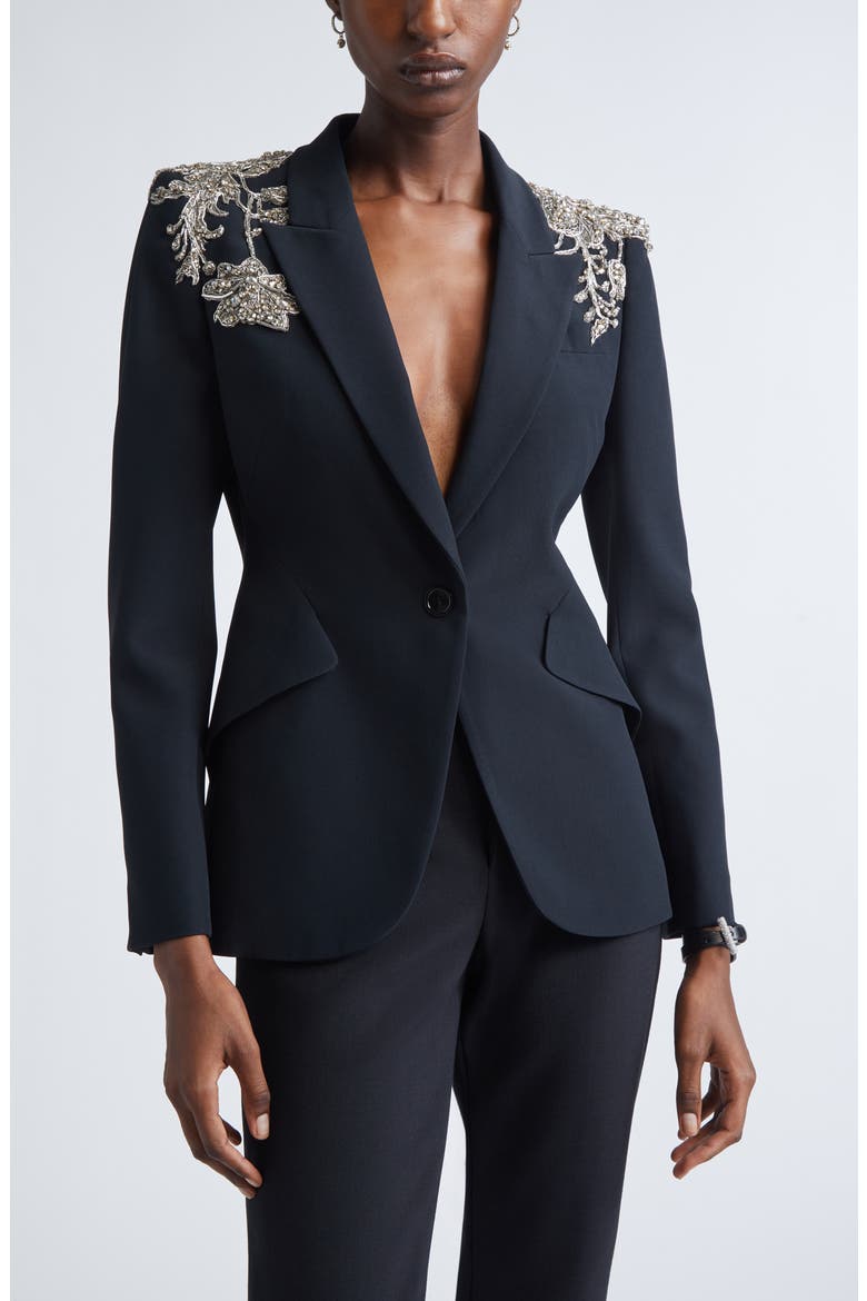 Silver Tattoo Peak Shoulder Blazer, Main, color, BLACK