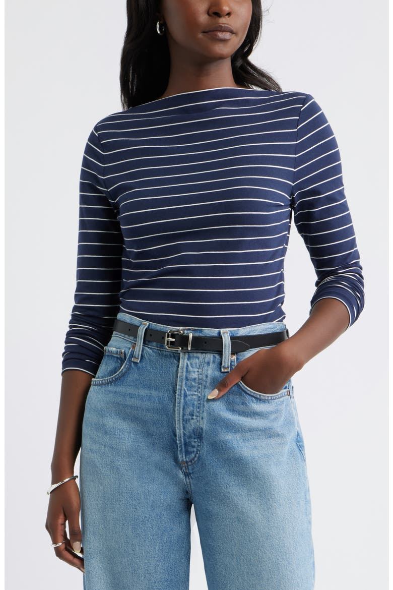 Long Sleeve Boat Neck T-Shirt, Main, color, NAVY- IVORY MORGAN STRIPE