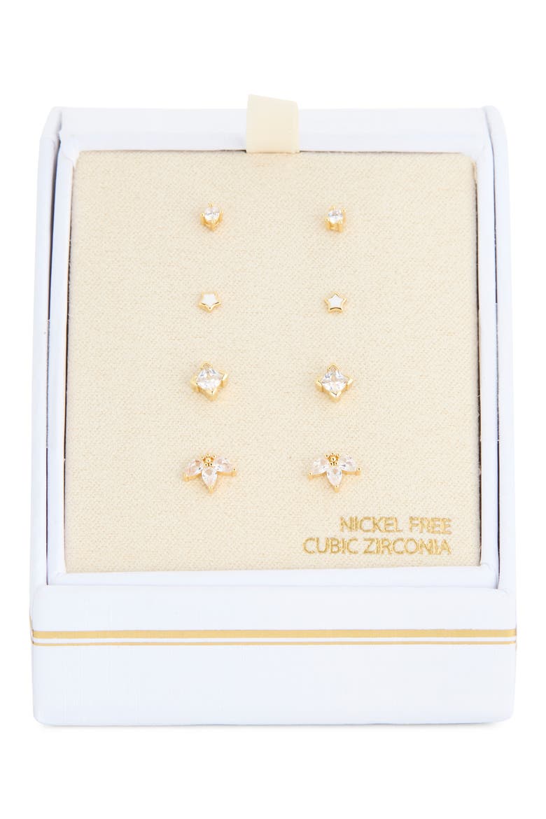 Set of 4 Cubic Zirconia Star Stud Earrings, Main, color, CLEAR- GOLD