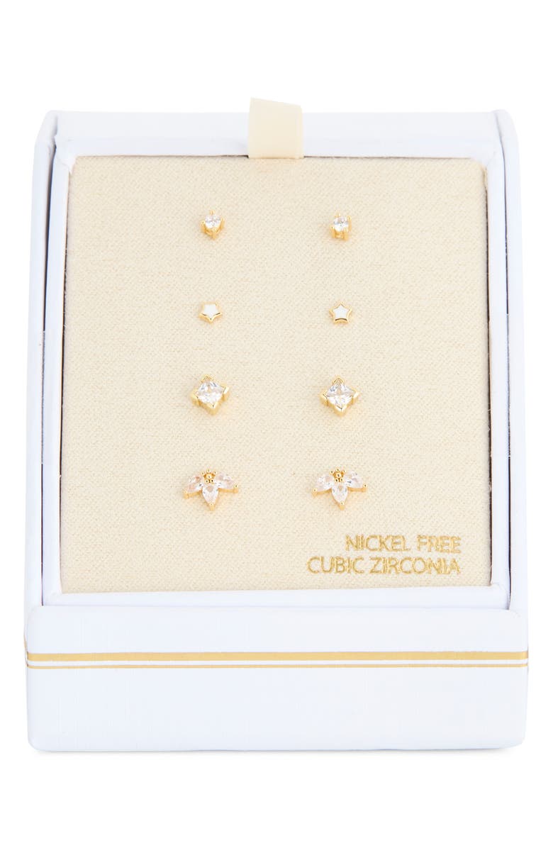 NORDSTROM RACK Set of 4 Cubic Zirconia Star Stud Earrings, Main, color, Clear- Gold