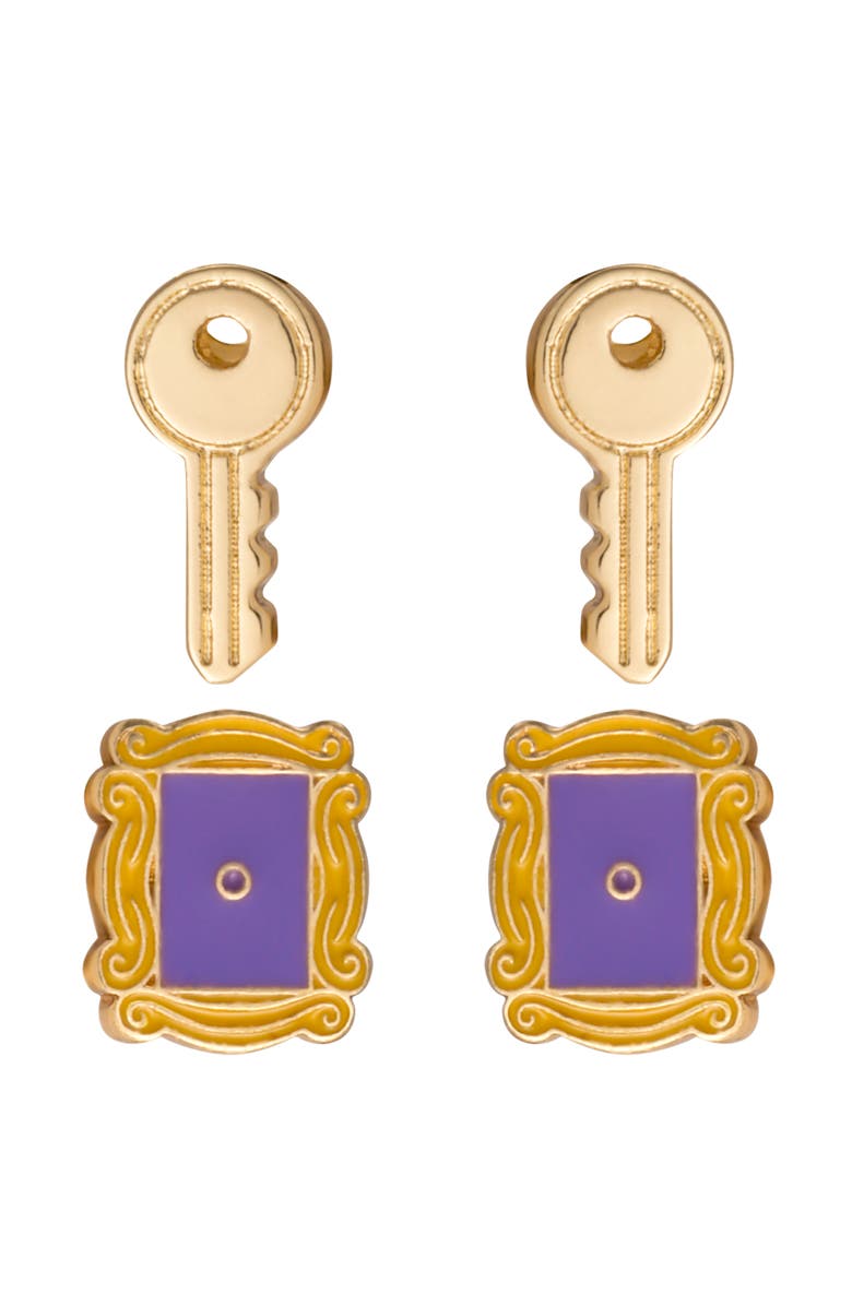 Friends Peephole Frame and Key Stud Earrings, 2 Pair Set, Alternate, color, Gold