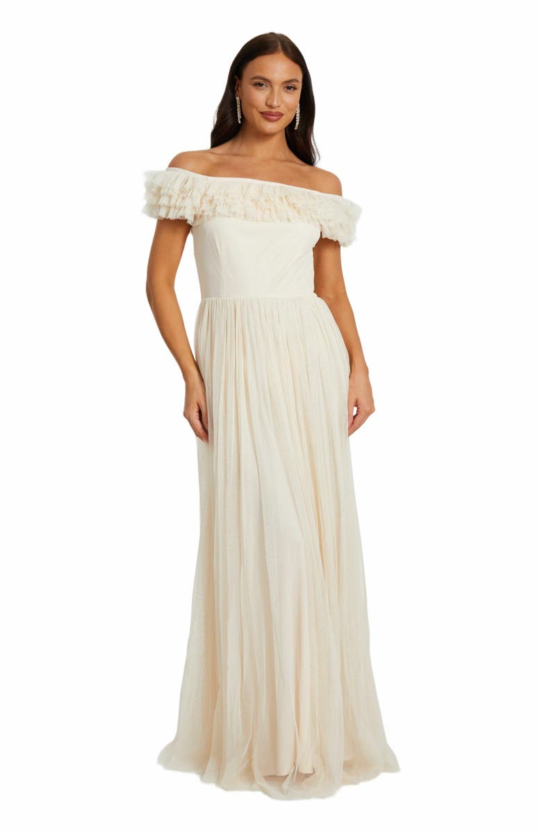 QUIZ Mesh Ruffle Bardot Maxi Dress, Main, color, Cream