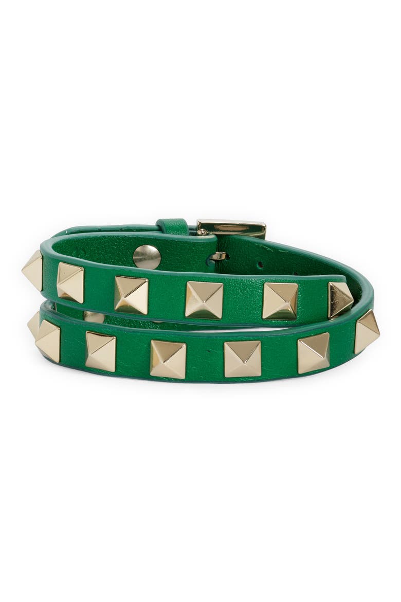 Rockstud Leather Double Wrap Bracelet, Main, color, GEA GREEN