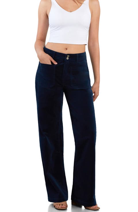 High Waist Patch Pocket Wide Leg Stretch Velvet Pants