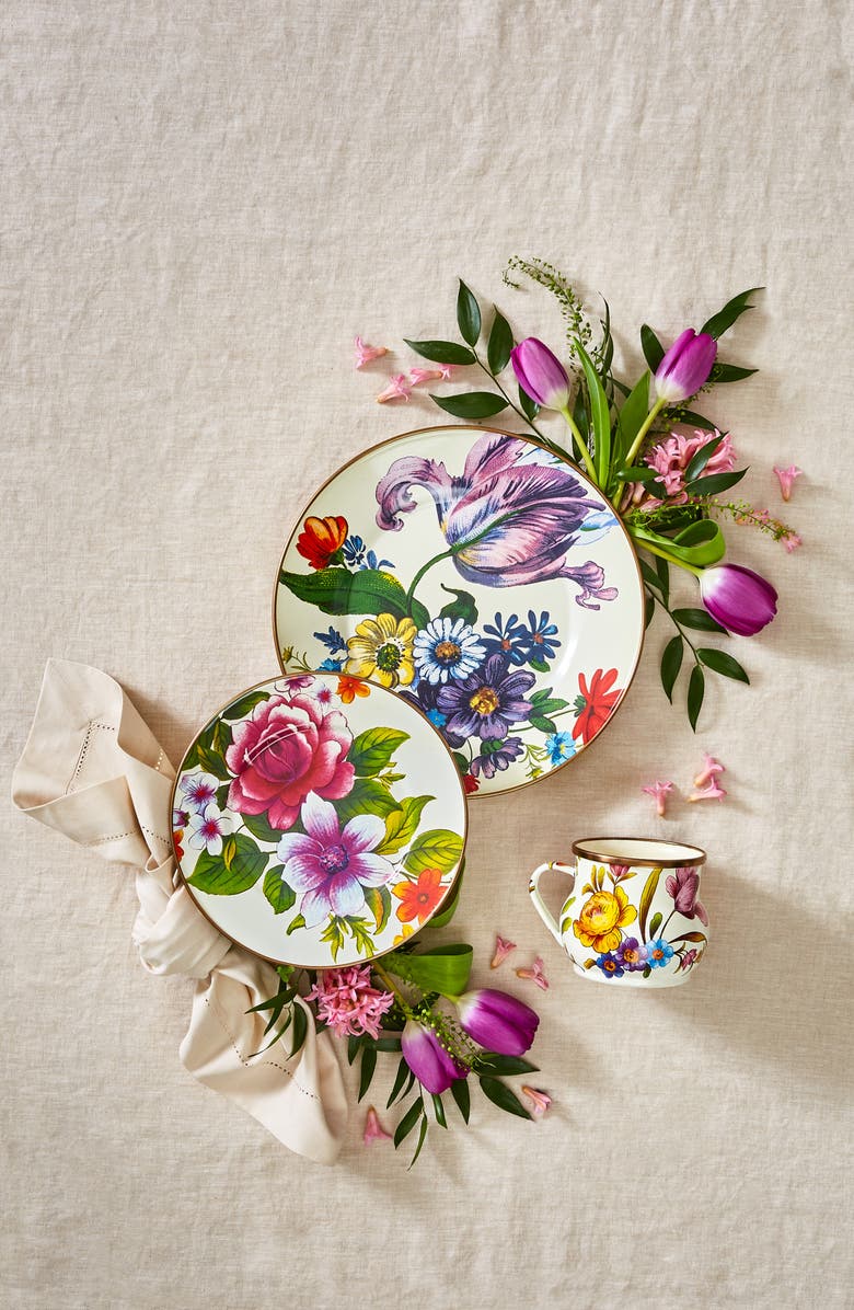 MACKENZIE CHILDS Flower Market Set of 4 Enameled Steel Mugs, Alternate, color, White Multi