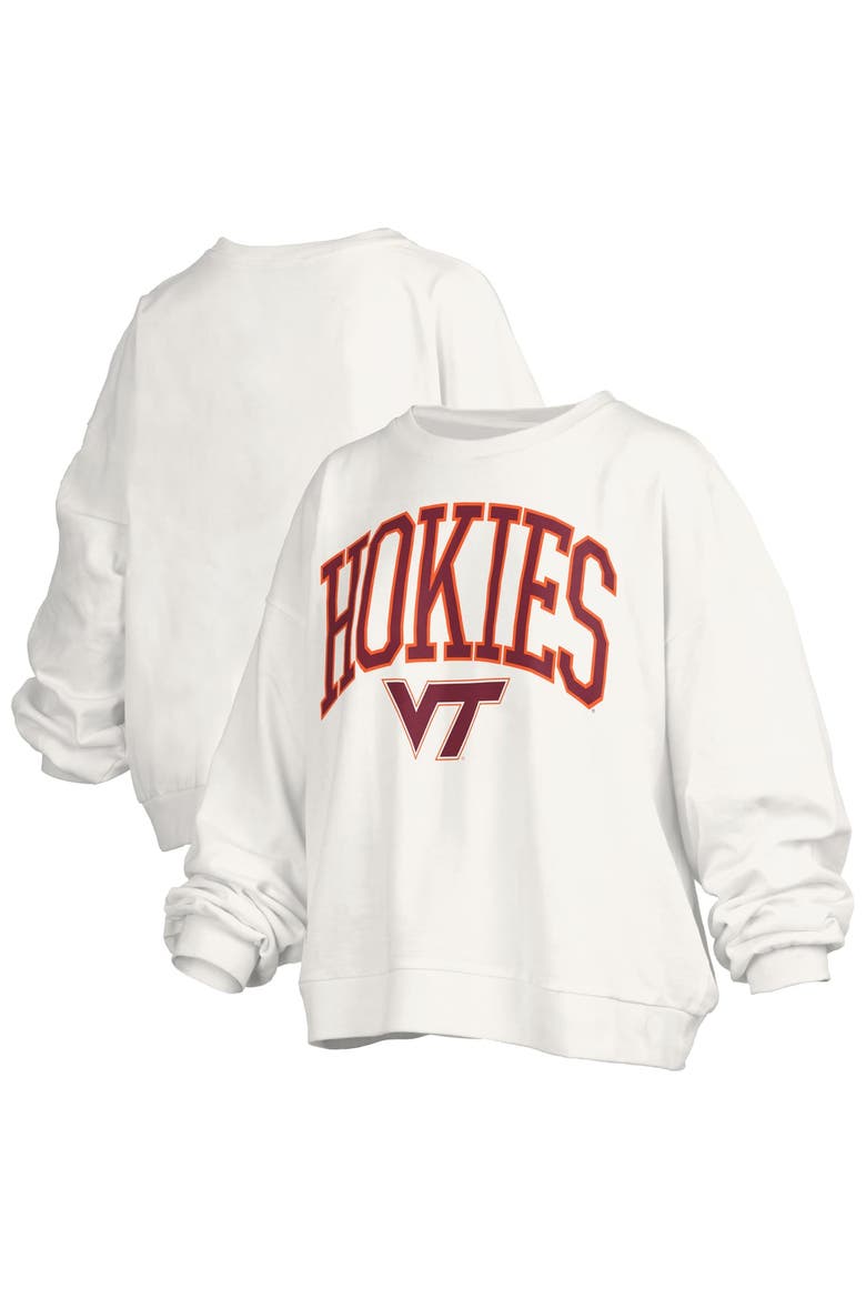 Women's Pressbox White Virginia Tech Hokies Oversized Janise Arch Over Logo Fleece Sweatshirt, Main, color, White