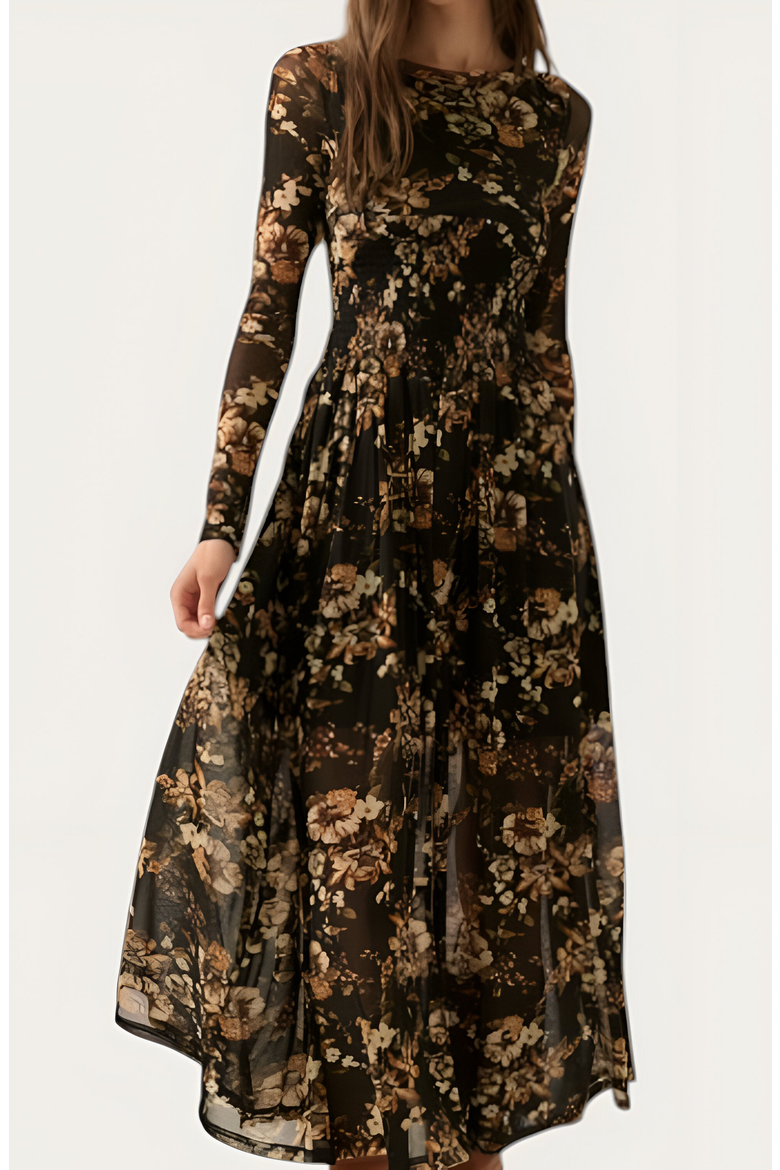 Floral Mesh Midi Dress with Contour Bodice, Alternate, color, Floral Mesh