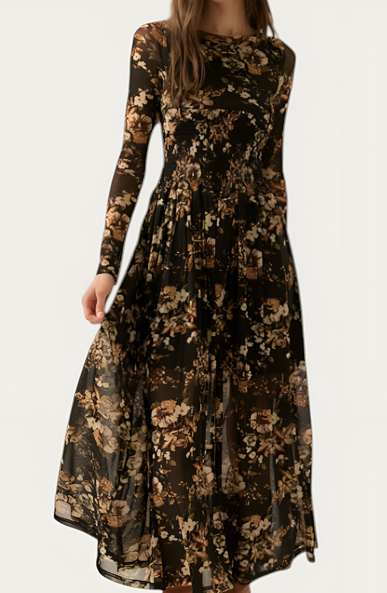 Modenaire Floral Mesh Midi Dress with Contour Bodice, Alternate, color, 