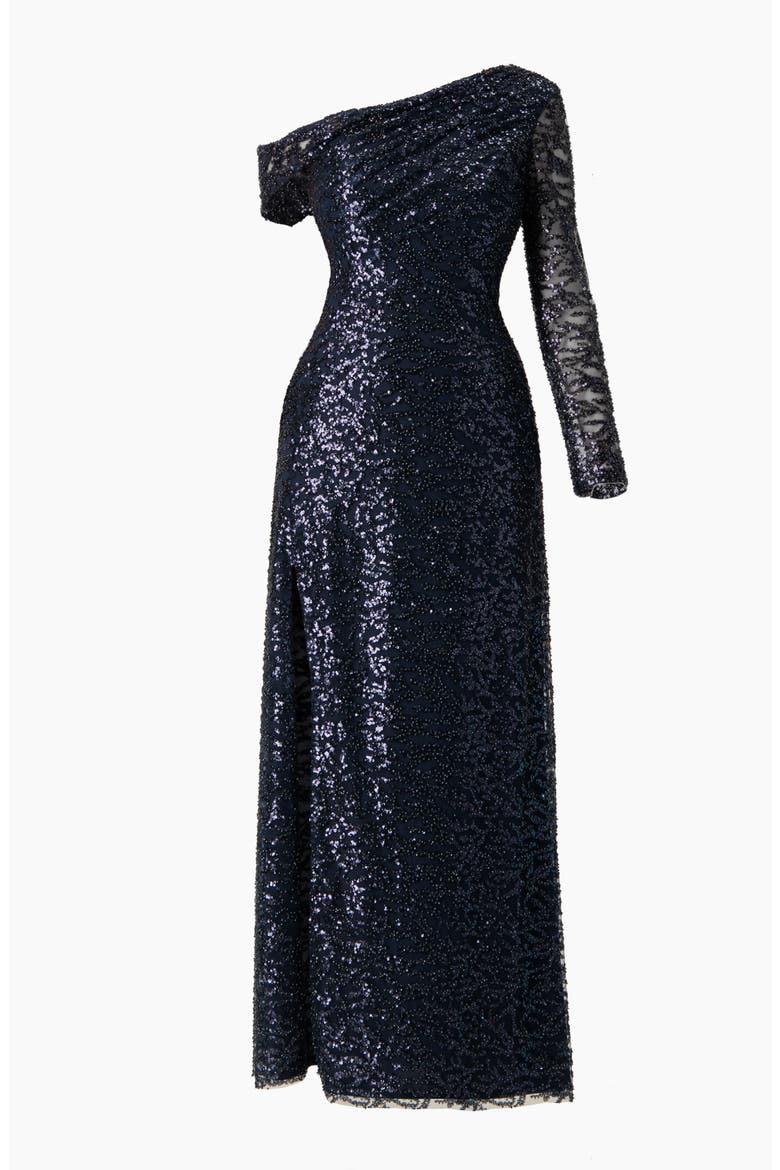 Embroided Gown with Front Slit and One Sleeve, Alternate, color, Navy Blue