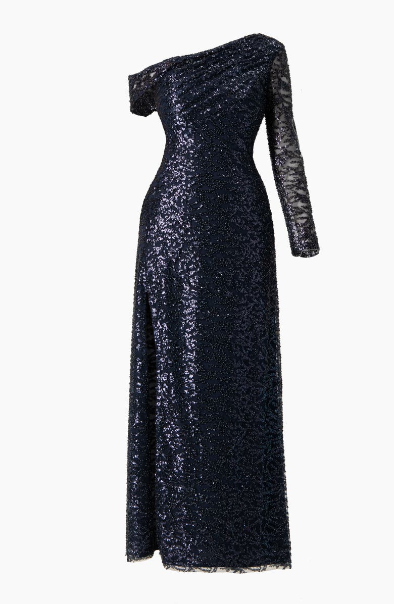 IVONNE Embroided Gown with Front Slit and One Sleeve, Alternate, color, Navy Blue