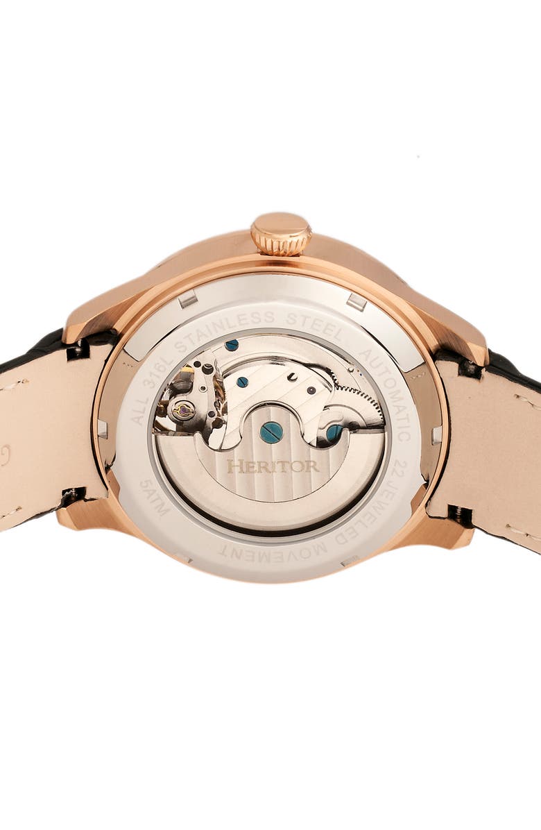Heritor Automatic Gregory Semi-Skeleton Leather-Band Watch, Alternate, color, Rose Gold/Black
