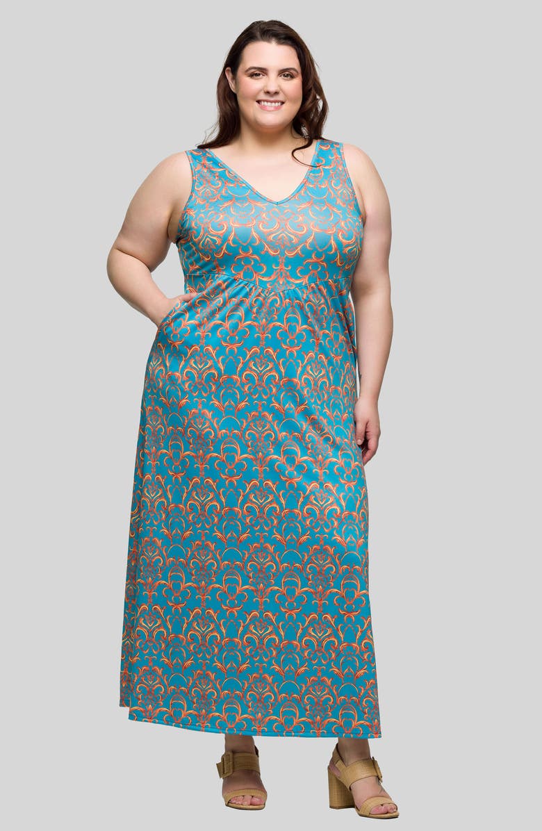 24seven Comfort Apparel Scroll Print Knit Maxi Dress, Alternate, color, Blue Multi