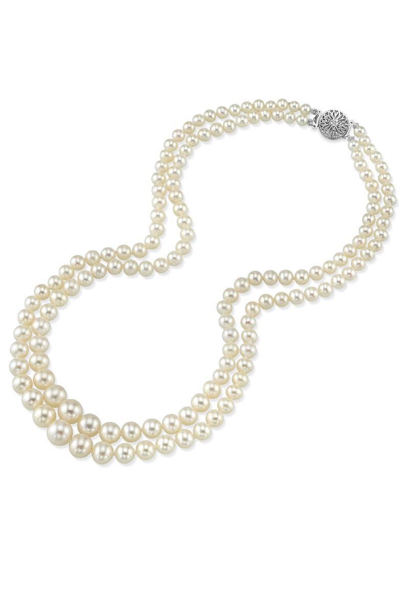 The Pearl Source 4.0-9.0mm White Freshwater Pearl Graduated Double Strand Necklace, Main, color, Sterling Silver Clasp