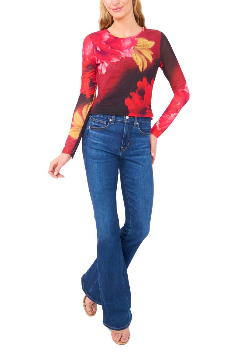 Floral Crewneck Mesh Top, Alternate, color, FLAME SCARLET