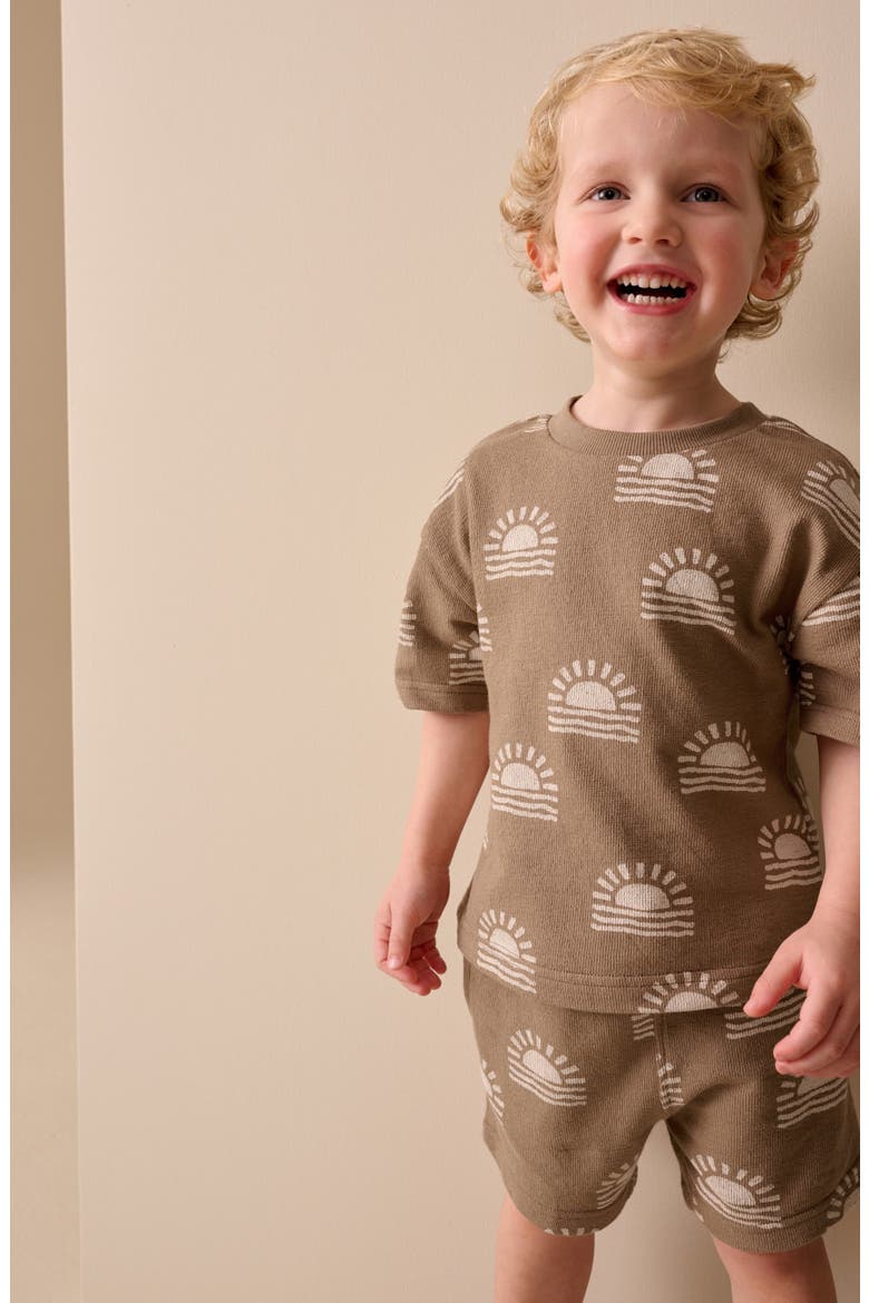 Kids' Sunset Print T-Shirt & Drawstring Shorts Set, Alternate, color, BROWN