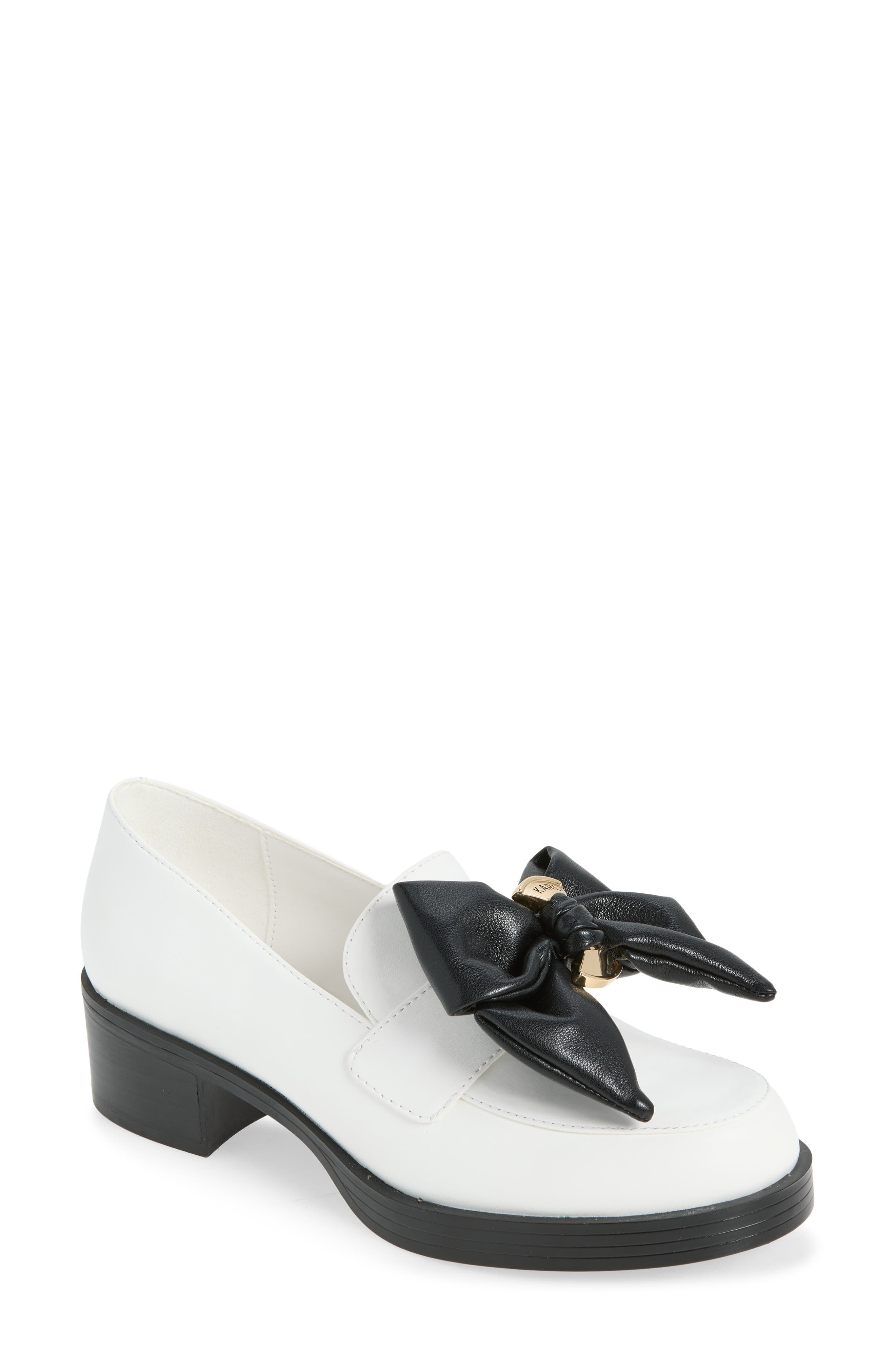 Camilia Fan Bow Loafer, Main, color, BRIGHT WHITE/ BLACK