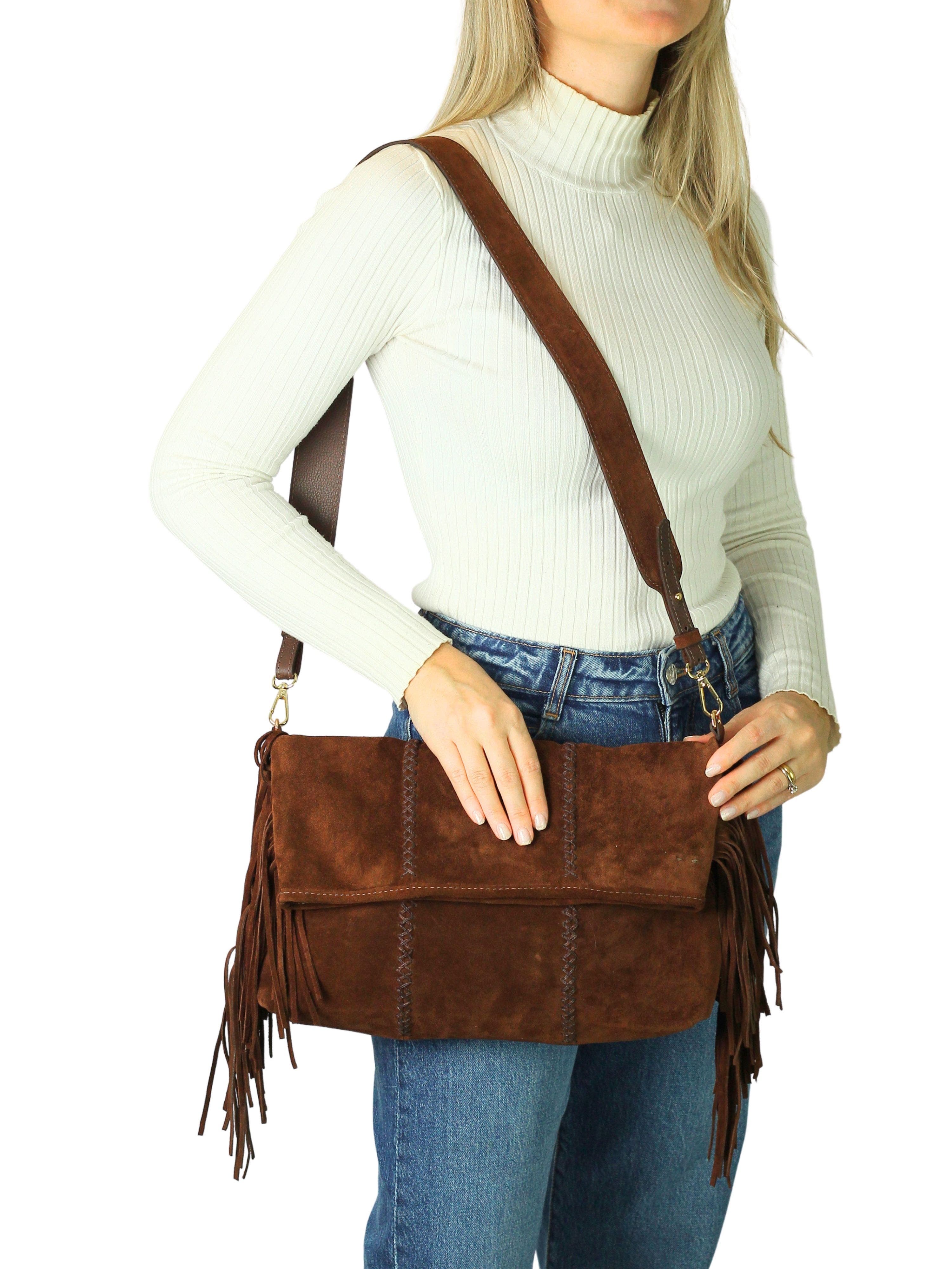 Carlos Falchi Large Fringe Suede Crossbody Messenger, Alternate, color, Cocoa