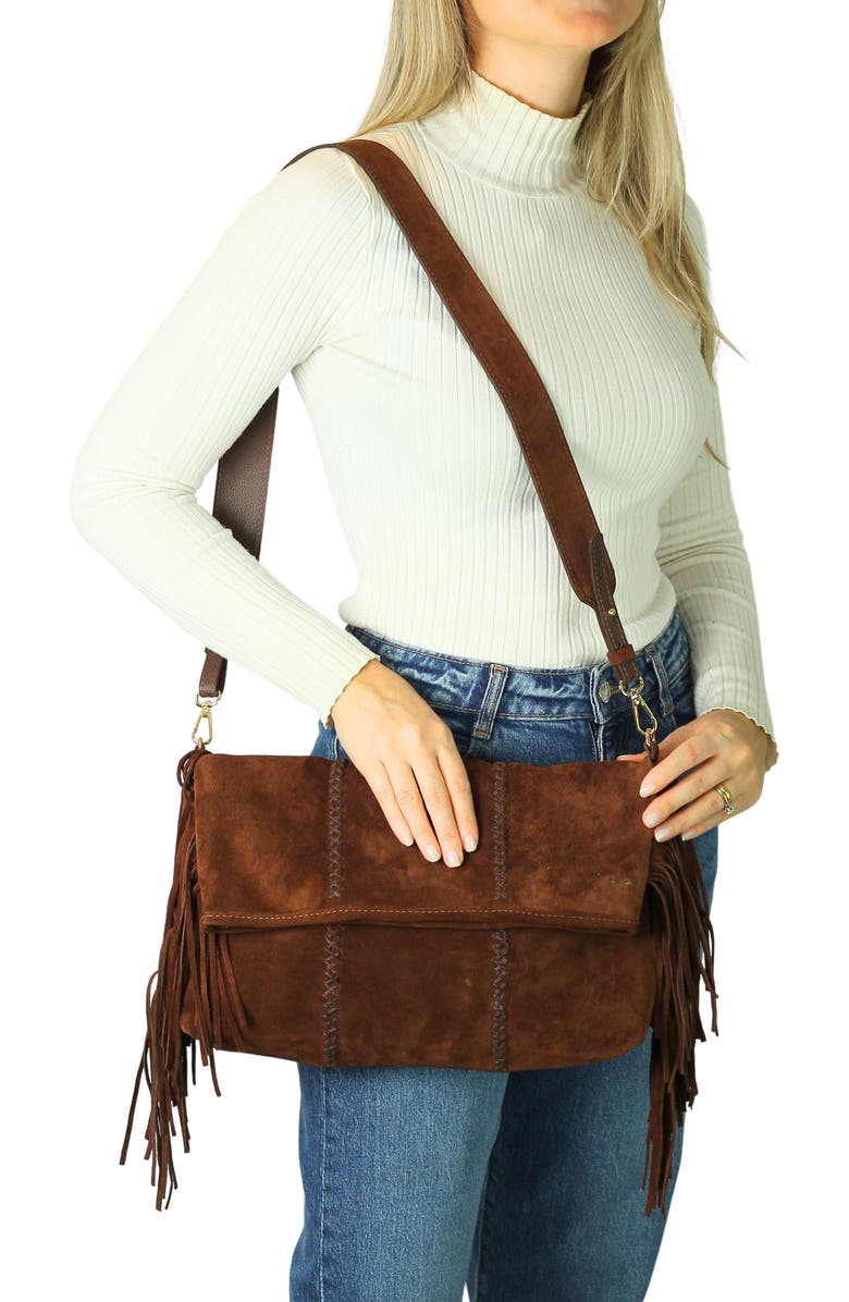 Carlos Falchi Large Fringe Suede Crossbody Messenger, Alternate, color, Cocoa