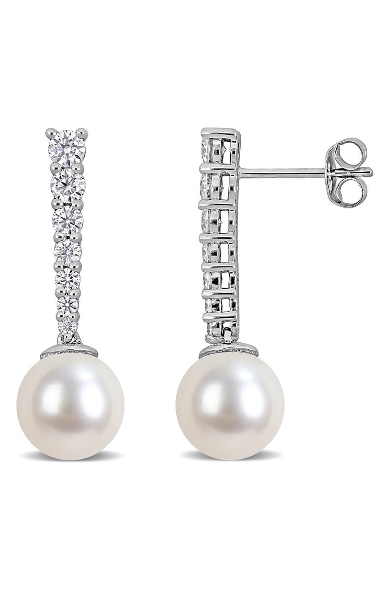 DELMAR Moissanite & Cultured Freshwater Pearl Drop Earrings, Main, color, White