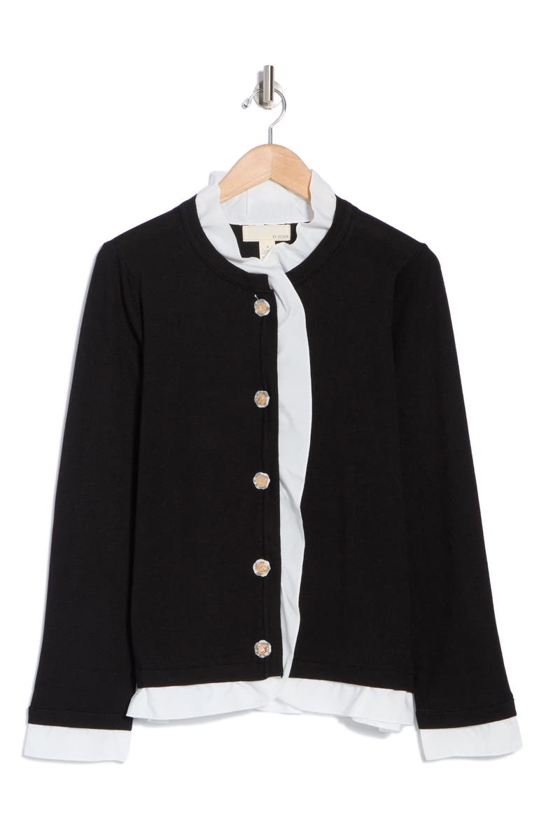BY DESIGN Sylvia Ruffle Trim Cardigan, Alternate, color, Black/ White
