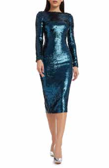 Dress the Population Emery Long Sleeve Sequin Cocktail Midi Dress