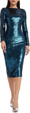 Dress the Population Emery Long Sleeve Sequin Cocktail Midi Dress