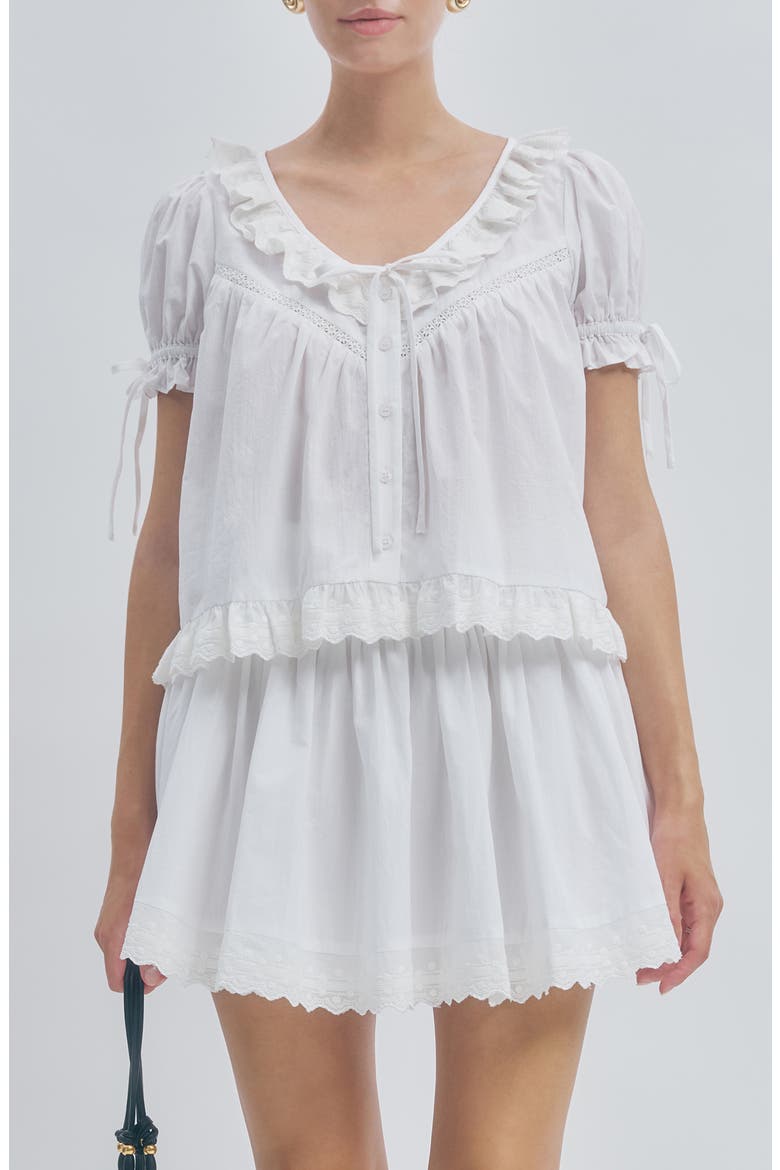 Theo Ruffle Lace Inset Cotton Top, Main, color, WHITE