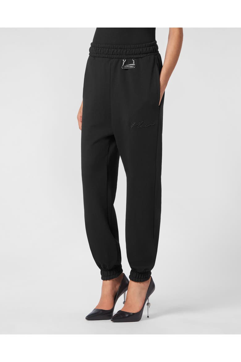 Leisurewear Trousers Embroidery Signature Women, Main, color, black