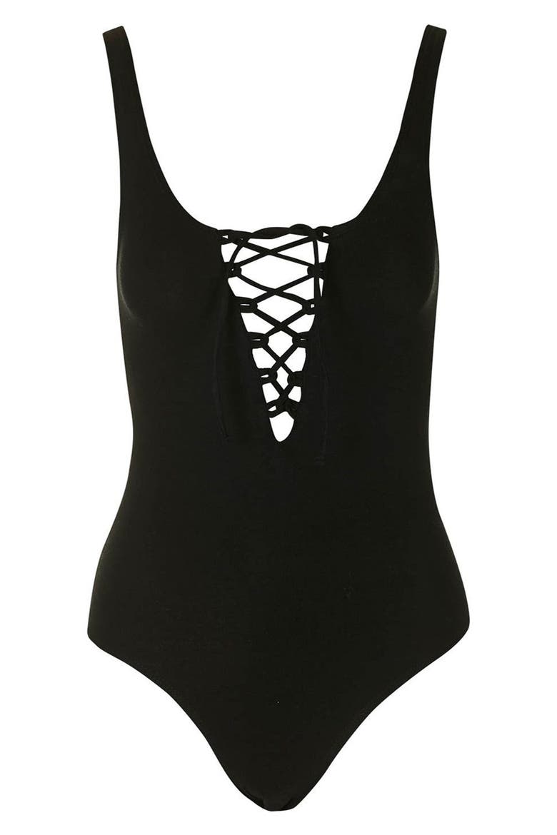 Lace-Up Sleeveless Bodysuit, Alternate, color, BLACK