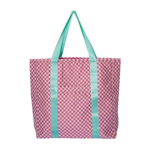 Pink and Pink Checkered Tote Bag Polyester Pink