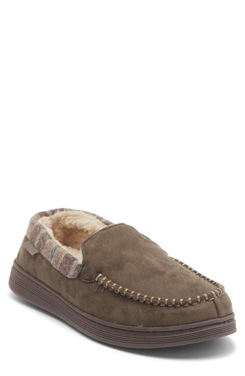 Plaid Trim Faux Fur Lined Microsuede Slipper (Men)