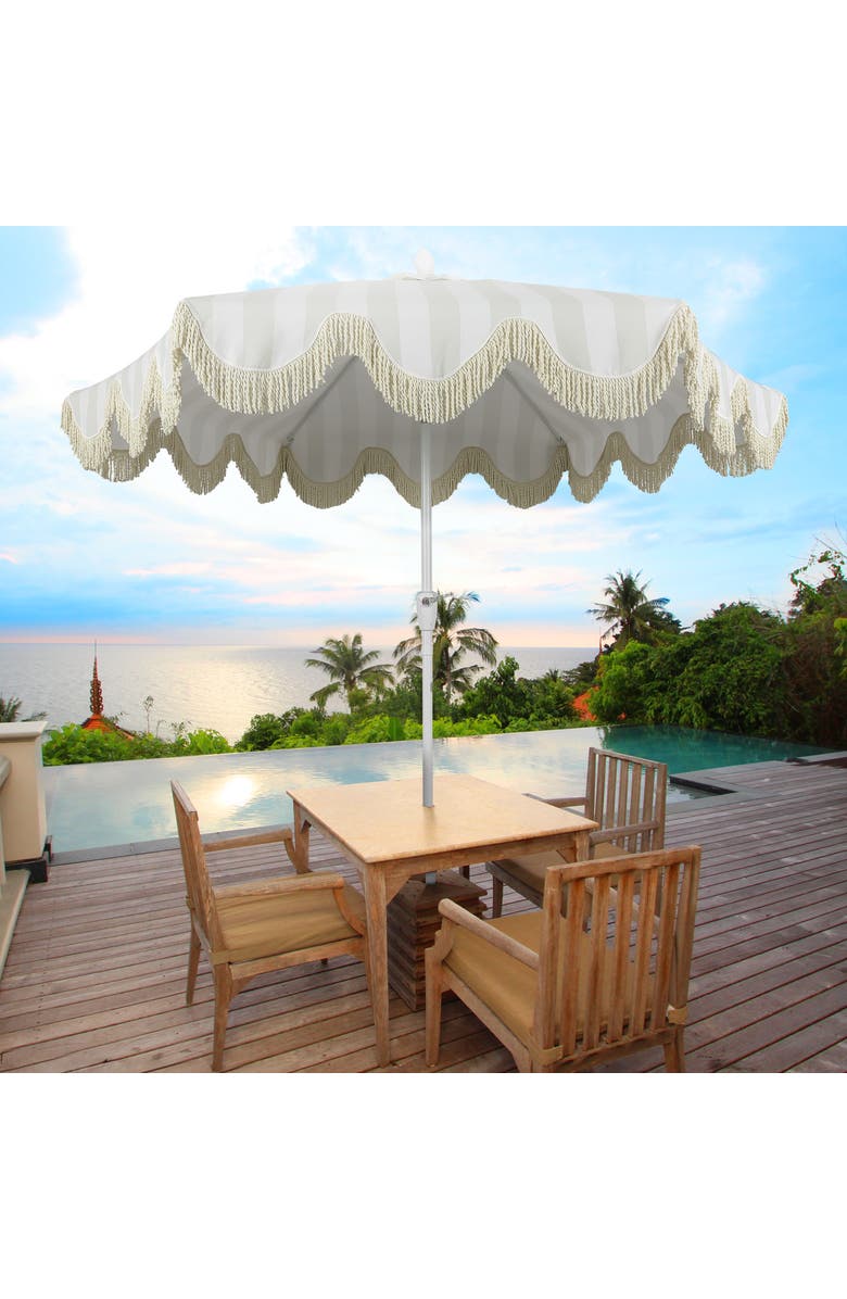 JONATHAN Y Collins 9 ft. Classic Cottage Fringe Tassel Market Patio Umbrella with Auto-Tilt Crank, Alternate, color, Light Gray - White Pole