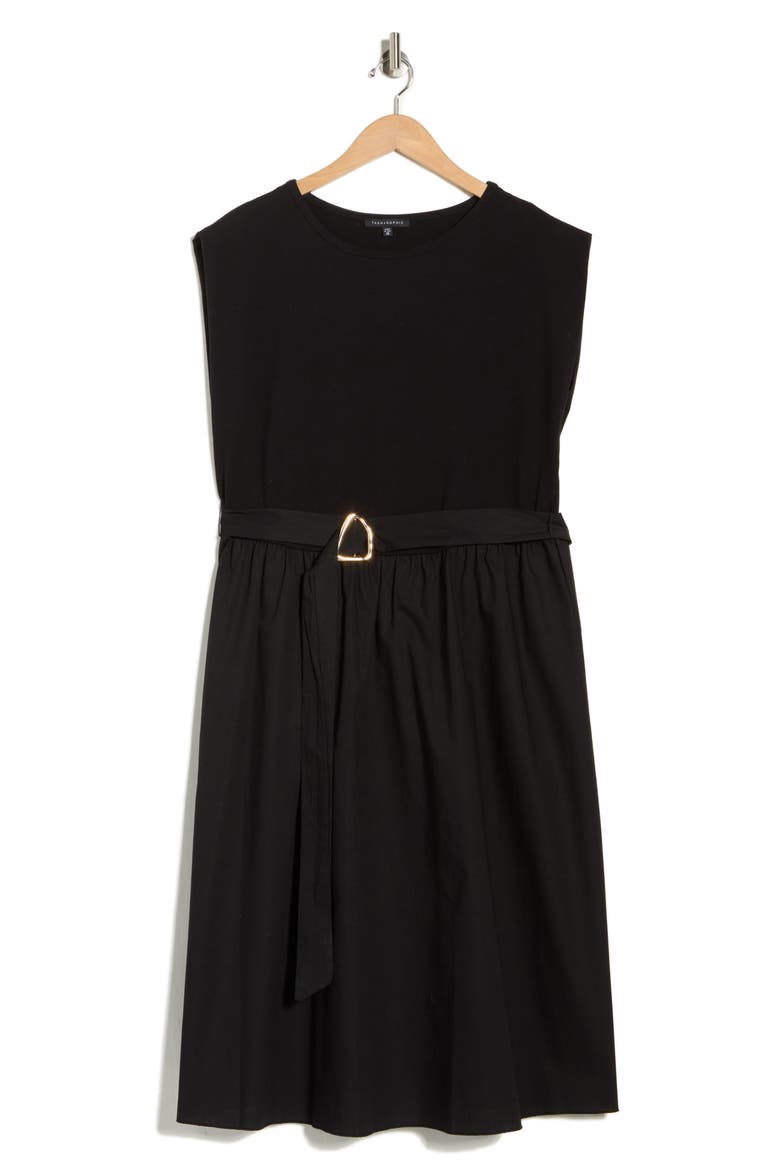 Sleeveless Buckle Belt Poplin Twofer Dress, Alternate, color, BLACK