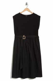 TASH AND SOPHIE Sleeveless Buckle Belt Poplin Twofer Dress