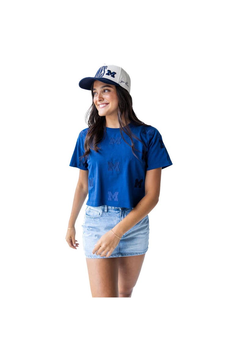 Women's Gameday Social Navy Michigan Wolverines Allover Print Heavyweight Cropped T-Shirt, Main, color, Navy