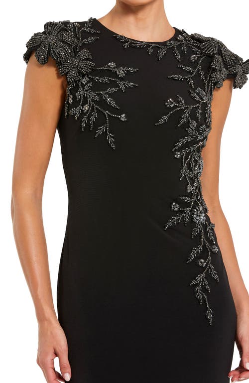 Mac Duggal Jersey Cap Sleeve Fitted Gown With Beaded Flowers In Black