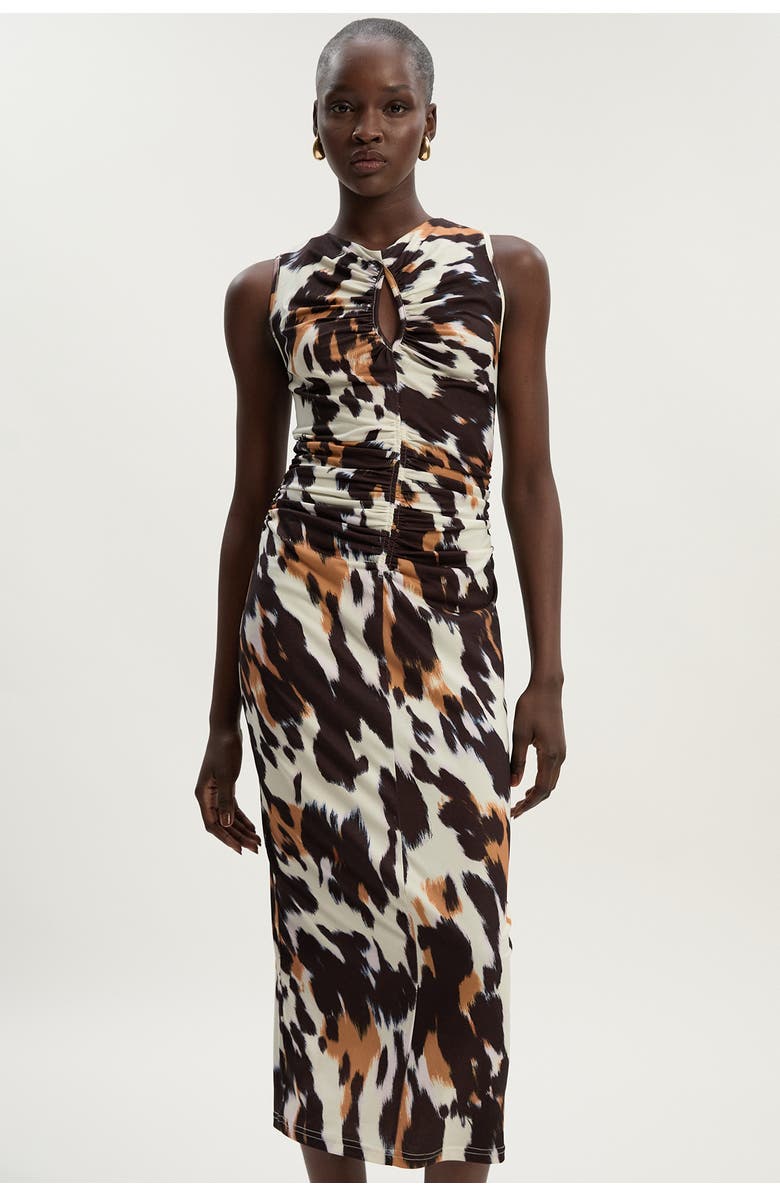 Karen Millen Cut Out Neck Midi Dress, Main, color, Animal