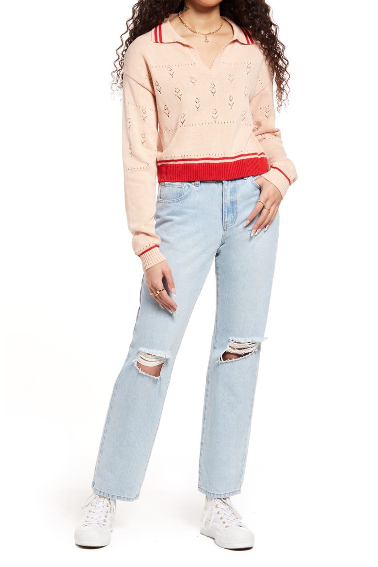 POINTELLE POLO SWEATER, Alternate, color, PINK HERO