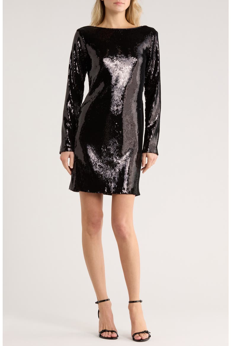 Emaxa Sequin Long Sleeve Minidress, Main, color, BLACK