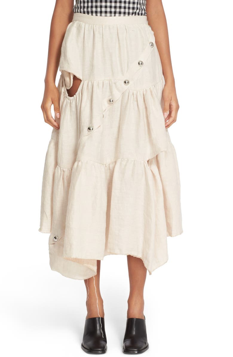 Marques’Almeida Marques'Almeida Diagonal Snap Tiered Linen Skirt, Main, color,