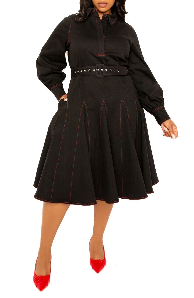 BUXOM COUTURE Belted Long Sleeve Denim Shirtdress, Alternate, color, Denim Black