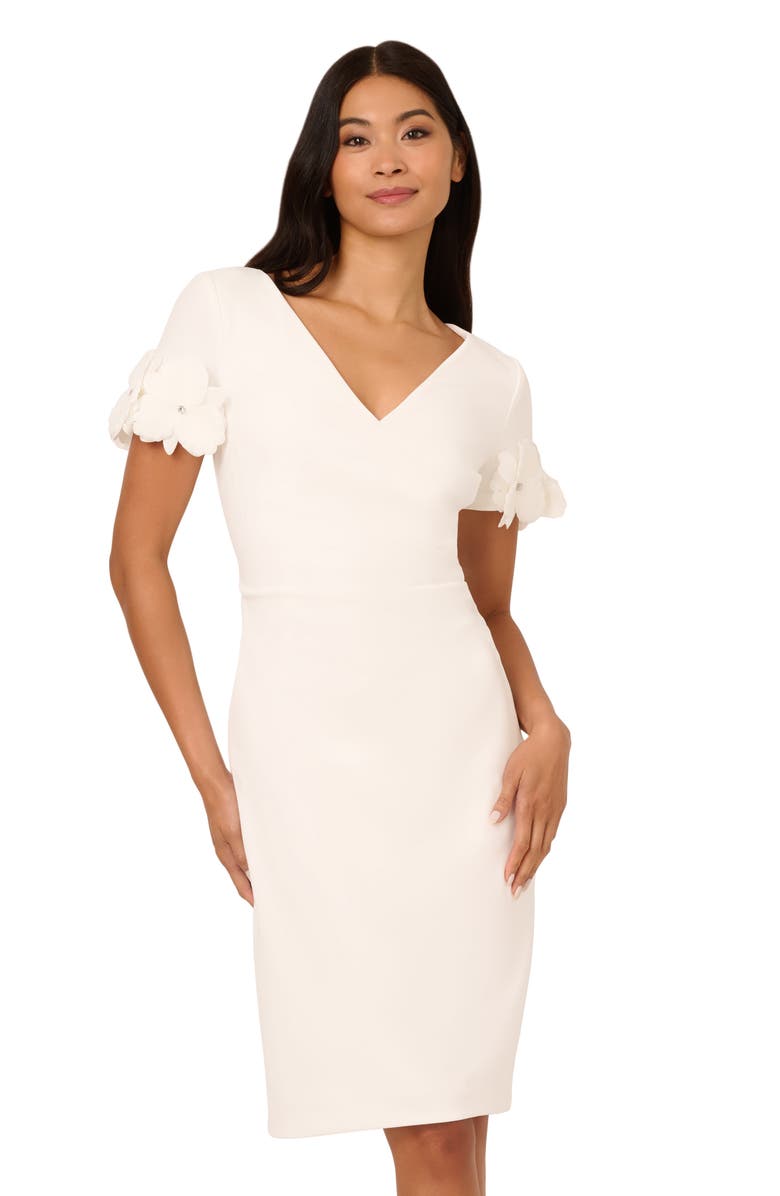 Adrianna Papell 3D Flower Cuff Crepe Faux Wrap Dress, Alternate, color, Ivory
