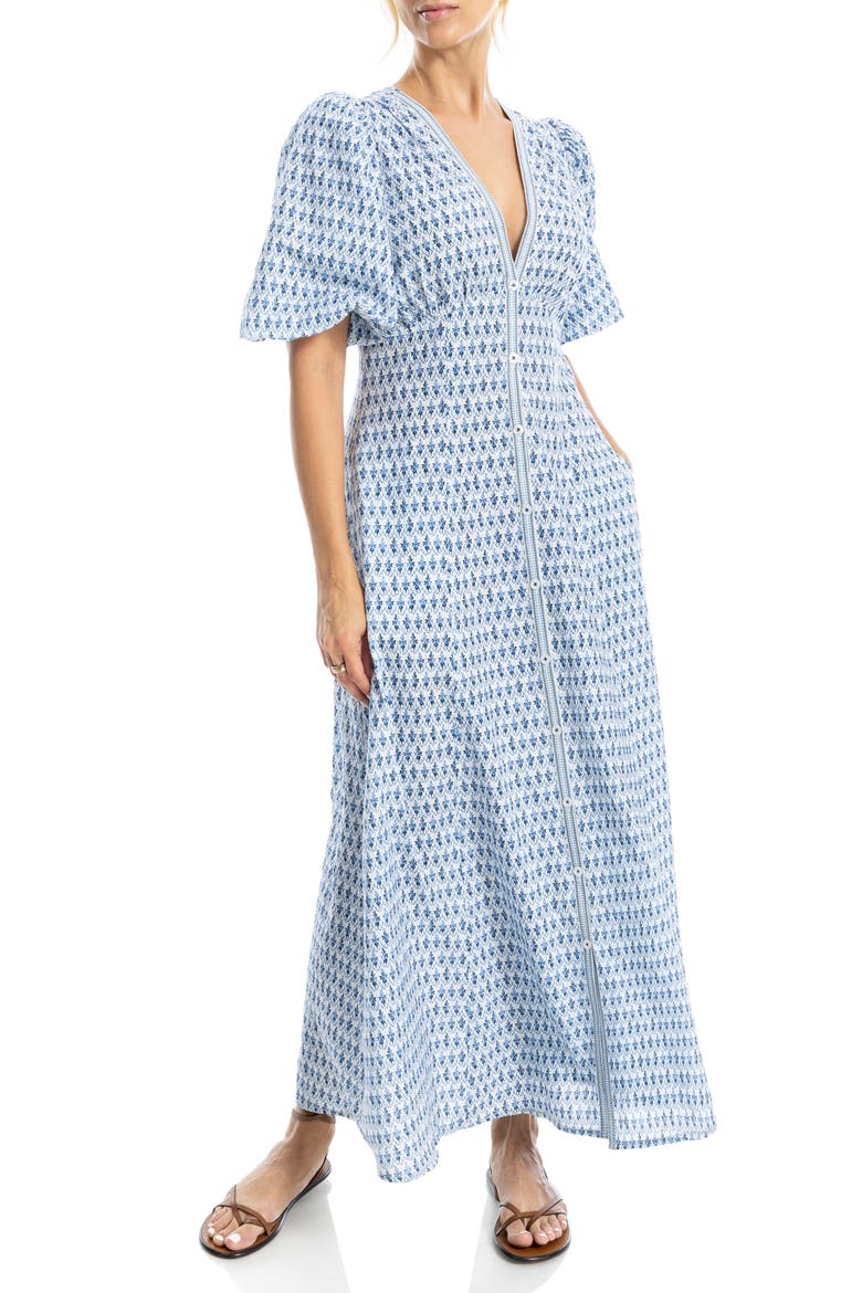 Bubble Sleeve Maxi Dress, Alternate, color, CREAM/ BLUE DAISY STAMP