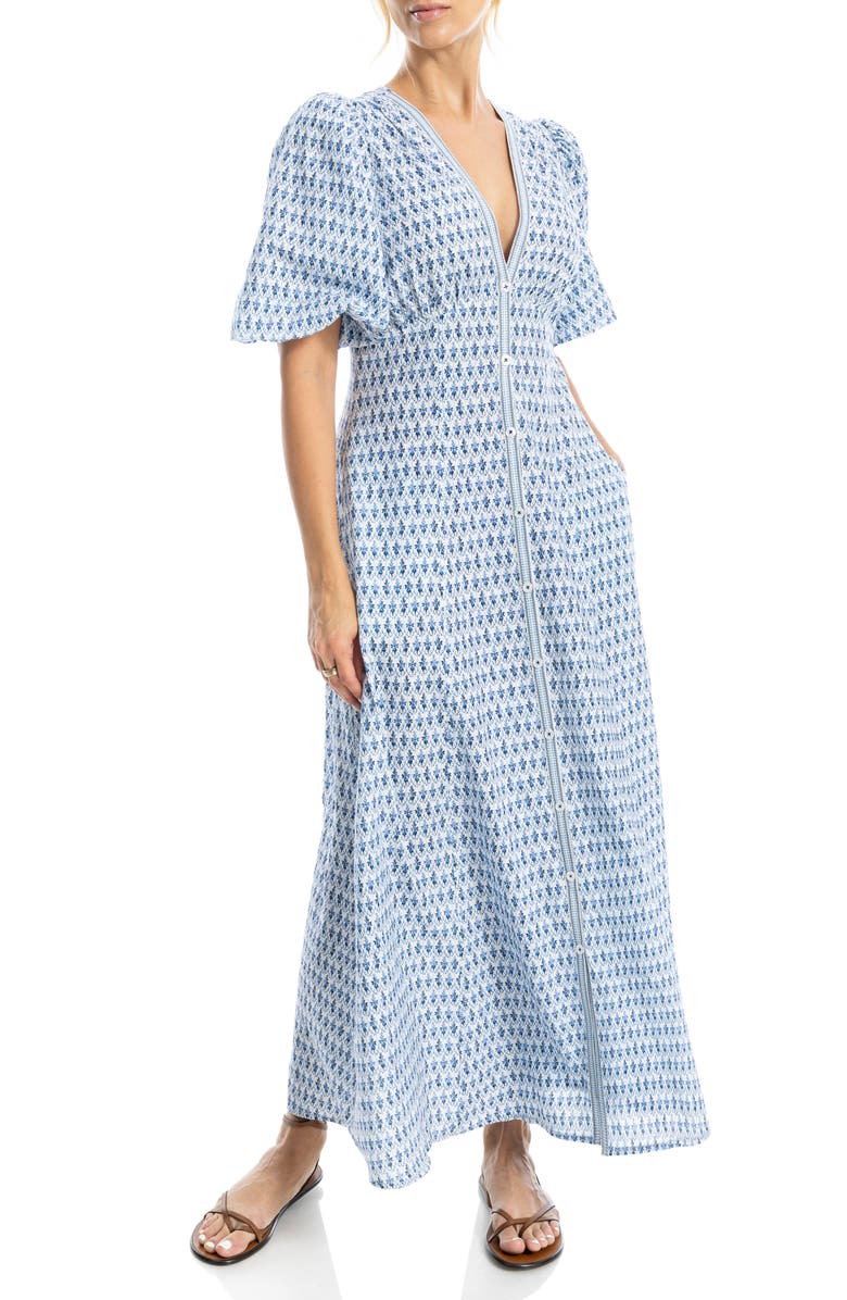 MAX STUDIO Bubble Sleeve Maxi Dress, Alternate, color, Cream/ Blue Daisy Stamp