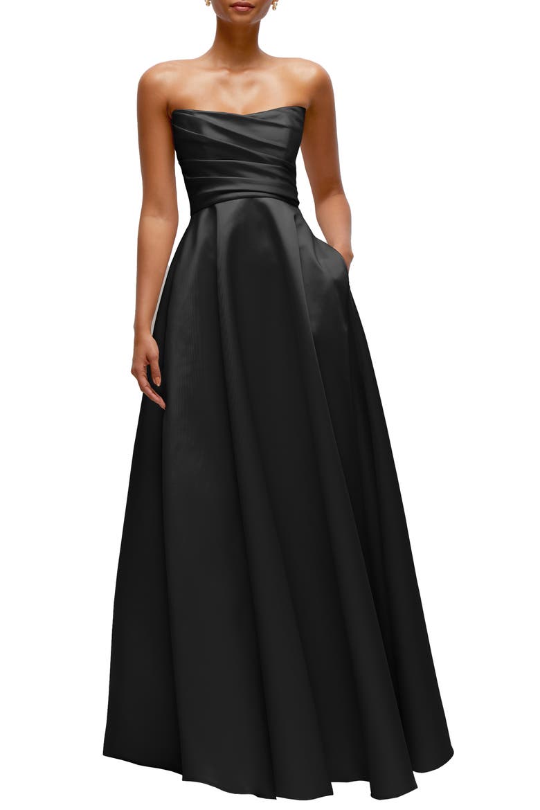 Ruched Strapless Gown, Main, color, BLACK