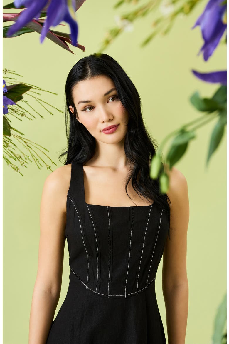 Contrast Topstitch Sleeveless Linen Blend Midi Dress, Alternate, color, BLACK