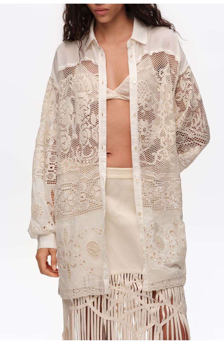 Bimba y Lola Oversize Lace Patchwork Shirt, Main, color, Ecru