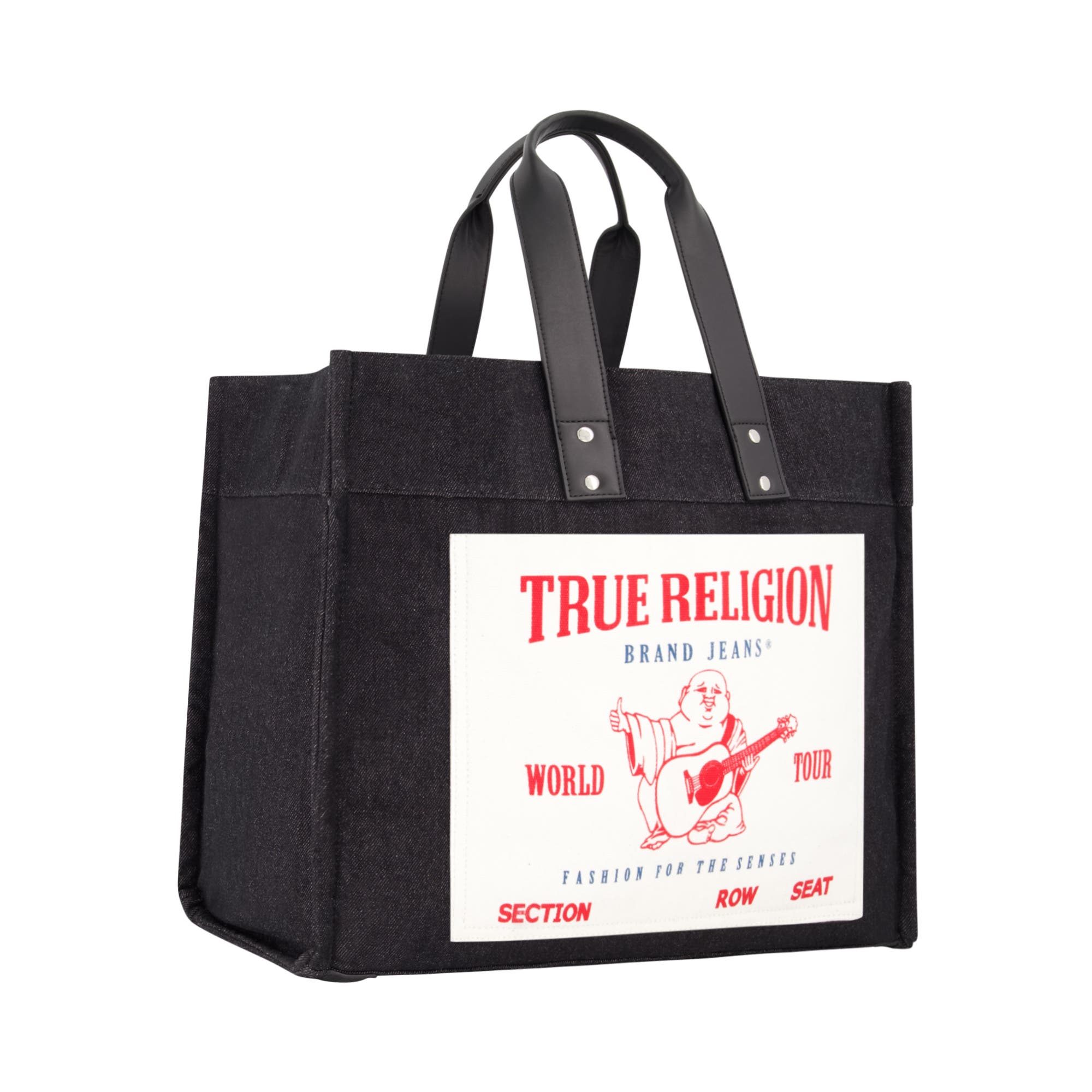 True Religion Large Washed Denim Tote, Alternate, color, Black